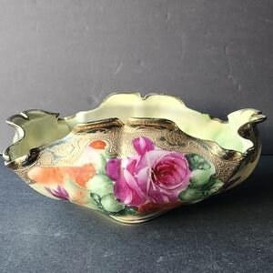 Nippon Antique Porcelain Bowl with Rose Hand Painted Heavy Guilt Gold